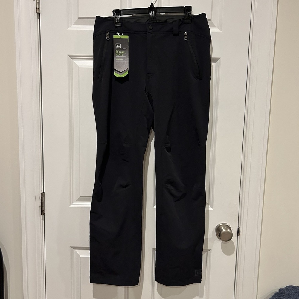 NWT REI Mistral Soft Shell Pants Men's 34x32 Black Zip Ankle Hiking MSRP 99.50